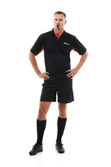 Referee man, portrait and blowing whistle, angry with soccer foul and warning in game isolated on...