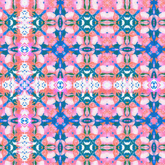 Washed Red Blue blur white vibrant watercolor batik azulejos tile background. Seamless coastal linen effect geometric mosaic effect. Boho Patchwork nautical masculine all over summer fashion repeat.