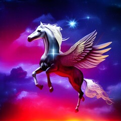 Naklejka na ściany i meble Pegasus over stary blue and purple skies
