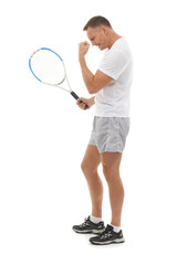 Obraz na płótnie Canvas Winner, tennis sports and celebration of man in studio isolated on white background for exercise. Winning, achievement or mature male athlete with racket celebrating goals, targets or success victory