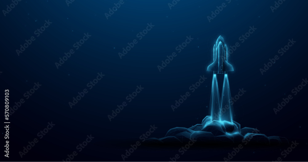 Poster Low polygonal wireframe style Rocket launch. Business startup concept form lines, triangles, and particle-style designs. Illustration vector