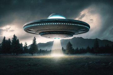 Naklejka na ściany i meble UFO Hovering Above the Field Created with Generative AI Technology