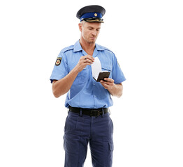 Ticket, parking fine and police writing on notepad for traffic rule, crime and public service on white background. Justice, law enforcement and policeman, security guard and safety officer with paper
