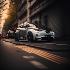 Obraz premium Illustration, electric car on the street in a city, bottom view perspective, Ai Generative.