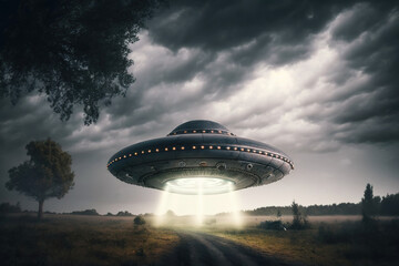 Naklejka na ściany i meble UFO Saucer Hovering Above the Field Created with Generative AI Technology