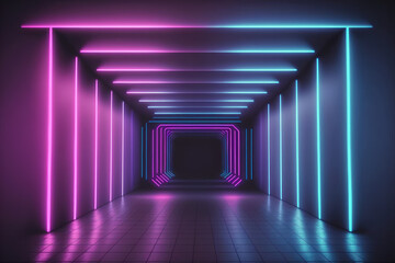 Neon light corridor tunnel with diminishing perspective view . Futuristic walking pathway. Peculiar AI generative image. - obrazy, fototapety, plakaty