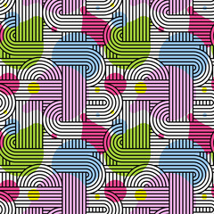 black and white doodle thread tangle seamless pattern for fabric or wrapping paper memphis pink green blue