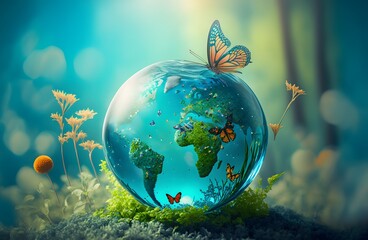 Obraz na płótnie Canvas Flying butterfly on blue sunny background. Earth crystal glass globe ball, flora and saving environment. save clean planet and ecology