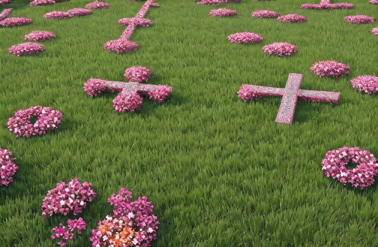 Christian Cross in the middle of flower field. Good Friday Palm Sunday Concept. Ai Generated
