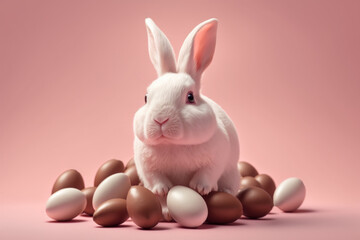 Fototapeta na wymiar White Easter bunny with chocolate eggs on pink background. Generative AI