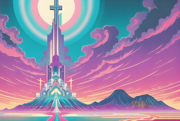 Christian Cross Neon Futuristic Abstract Cyberpunk. Palm Sunday, Good Friday Concept. Ai generated