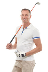 Sports, golf and portrait of man in studio isolated on a white background ready to start game....