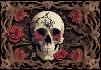 Skull and roses vector illustration. Dark fantasy.