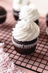 chocolate cake with chocolate muffin cupcake with butter cream and syrup and whipped cream