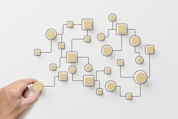 Fototapeta na wymiar Business process and workflow automation with flowchart. Hand holding wooden cube block arranging processing management on white background