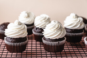 chocolate cake with chocolate muffin cupcake with butter cream and syrup and whipped cream