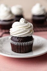 chocolate cake with chocolate muffin cupcake with butter cream and syrup and whipped cream