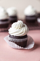 chocolate cake with chocolate muffin cupcake with butter cream and syrup and whipped cream