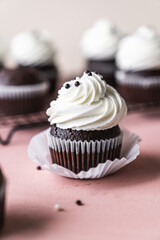 chocolate cake with chocolate muffin cupcake with butter cream and syrup and whipped cream