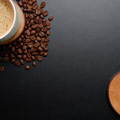 coffee beans in a cup. coffee drink theme photo for mock up, a cup of coffee and coffee beans with empty area in the middle, with dark color background, square image format