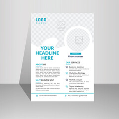 Obraz premium Modern A4 corporate creative clean blue color business flyer design template layout for advertising and promotion company growth. vector white background color circle design flyer template.