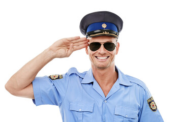 Security, salute and face of police smile on white background for authority, public safety and...