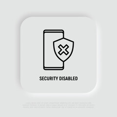 Security disabled thin line icon. Smartphone with shield with cross mark. Vector illustration.