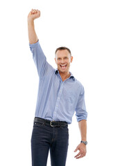 Fototapeta premium Portrait, winner and celebration of business man in studio isolated on a white background. Winning, achievement and happy mature male celebrating goals, company targets or victory, triumph or success