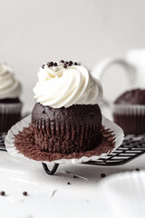 chocolate cake with chocolate muffin cupcake with butter cream and syrup and whipped cream