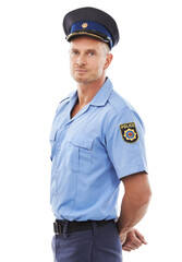 Safety, security and portrait of police on a white background for authority, leadership and public...