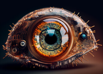 Illustration of futuristic human eye with electronic elements, AI-generated concept.