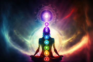 Human inner energy chakra meditation of mind body and soul. Peculiar AI generative image. - obrazy, fototapety, plakaty