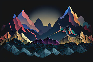 Fototapeta na wymiar Paysage de montagne Popart avec beaucoup de couleurs. Idéal comme fond d'écran, carte postale.