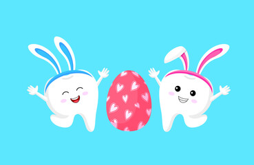 Cute cartoon tooth characters with rabbit ears decoration. Happy Easter concept. Easter egg, vector illustration.