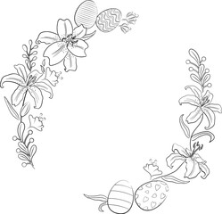 Easter design with flowers and ester eggs. Easter template line art design for greeting card, banner and poster. Vector illustration.