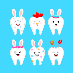 Cute cartoon tooth characters with rabbit ears decoration, hen tooth and Easter egg. Happy Easter concept. Vector illustration.