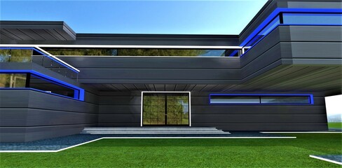 Fototapeta na wymiar Front view of the entrance to an upscale country dwelling recently constructed according to the exclusive design made by team of skilled engineers. 3d rendering.