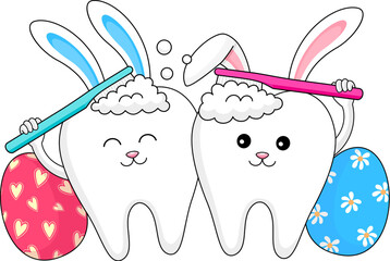 cute cartoon tooth character  brushing together. Happy Easter day. Dental care concept. Vector illustration.