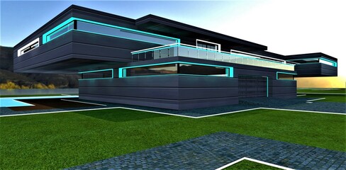 Fototapeta na wymiar Granite walkways with white glowing borders on the freshly cut lawn on the territory of the upscale mansion with illuminated aluminum facade. 3d rendering.
