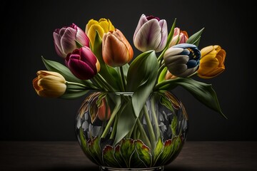 Perfect Tulips, different colors, in a glass vase. A design element ( flowers) for Valentine's Day or fragrance / cosmetics / essential oil themed layouts. Beauty.