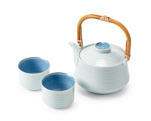 Japanese teacups and teapots placed against a white background.