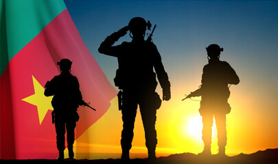 Fototapeta na wymiar Silhouette of soldiers on background of sunset with Cameroon flag. Background for National Holidays. EPS10 vector