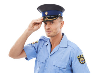 Security, cop and portrait of police on a white background for authority, leadership and justice. Law enforcement, public safety and isolated face of guard, policeman and officer in legal uniform