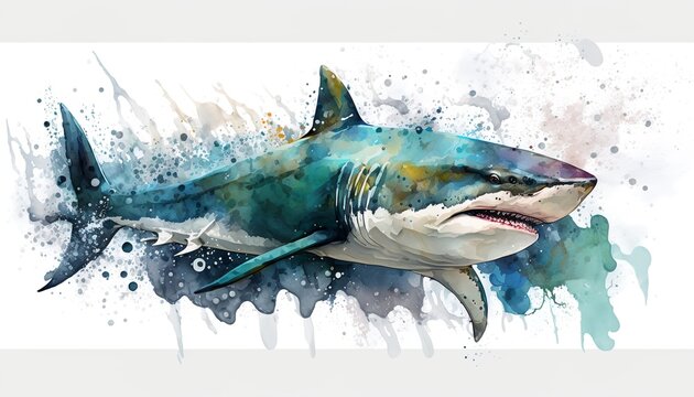 Animal hand drawings are made using the watercolor technique shark