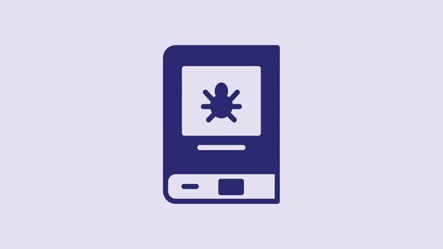 Blue Book about insect icon isolated on purple background. 4K Video motion graphic animation