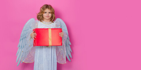 Banner. Cute kid angel with gift box present. Valentines day. Little cupid angel child with wings....