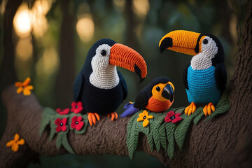 cute toucan bird knitting art illustration suitable for children's books, children's animal photos created using artificial intelligence