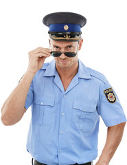 Security, crime officer and portrait of police on white background for authority, public safety and laws. Justice, law enforcement and isolated policeman, traffic cop and guard face with sunglasses