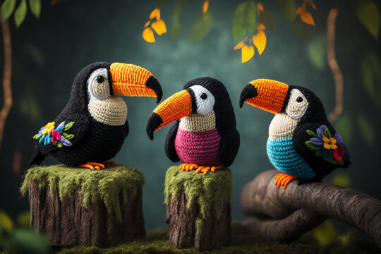 cute toucan bird knitting art illustration suitable for children's books, children's animal photos created using artificial intelligence