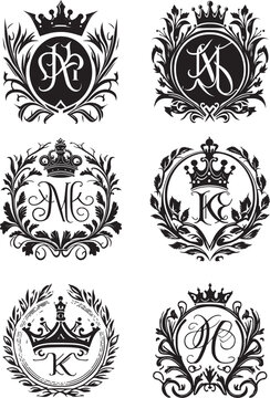 monogram, a combination of letters in the form of a coat of arms with a crown and a wreath, suitable for logos, design of wedding invitations and a family sign